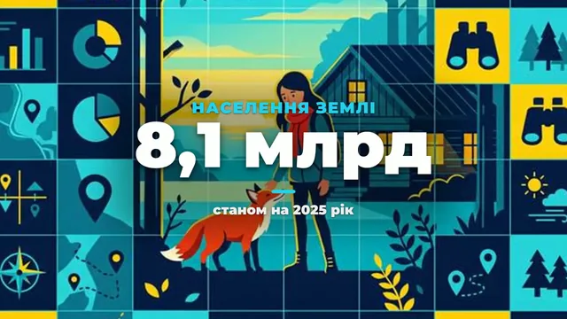 Кадр із текстом по центру: «Населення Землі — 8,1 млрд, станом на 2025 рік»